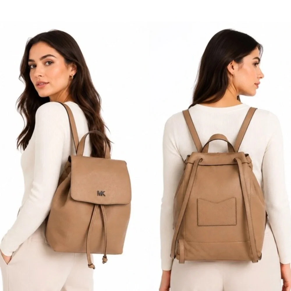 Michael Kors Pebbled Leather Drawstring Backpack Tan Beige MK Logo M‎ Chic 36